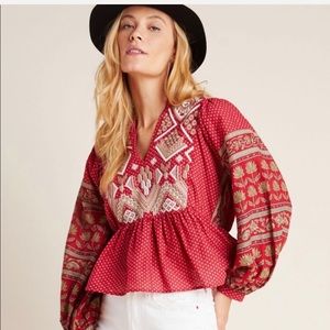 Anthropologie Kiera Embroidered Peplum Blouse